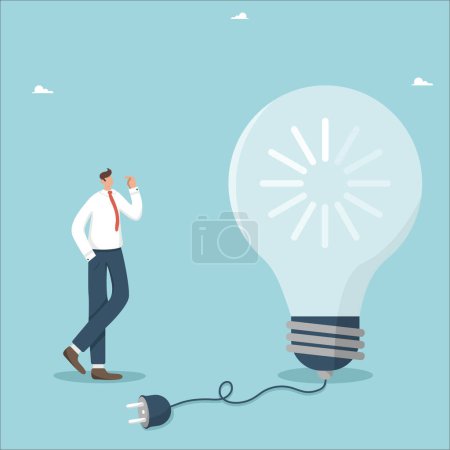 Illustration for Looking for ways or method to solve a problem, ways or strategies for business development, new ideas or innovations to achieve success, a man thinks near a turned off light bulb with a download icon. - Royalty Free Image