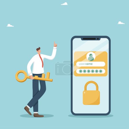 Illustration for Online authentication concept, secure data privacy, account protection and security, strong password for cyber security, app login password, unlock, businessman with golden key knows login password. - Royalty Free Image