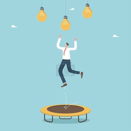 Illustration for In search of brilliant ideas and solutions for business development, innovation, gaining new knowledge, a creative approach to achieving goals, a man jumps on a trampoline to reach for a light bulb. - Royalty Free Image