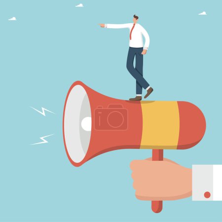 Illustration for Communication leadership skills, conveying information or announcements, management communication with subordinates, leader in a team, man stands on loudspeaker and shows the direction of development. - Royalty Free Image