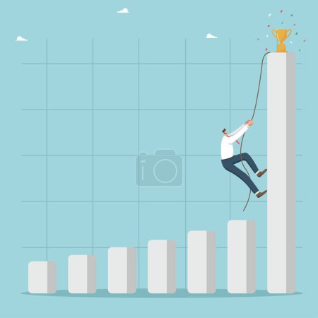 Illustration for Rapid career growth, the rapid pace of business and production development, a sharp increase in sales, an increase in income levels, a man is climbing a tightrope to the top of a growing graph. - Royalty Free Image