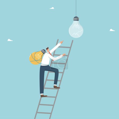 Illustration for Finding a brilliant idea to start a business or solve a complex problem, a creative approach to achieving goals, a man with a new light bulb on his back climbs the ladder to the burnt out light bulb. - Royalty Free Image