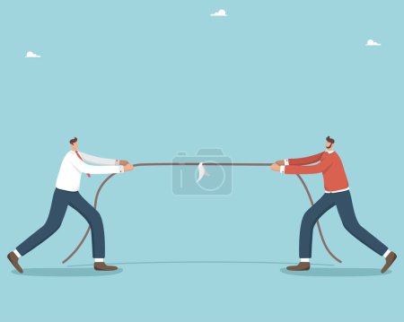 Illustration for Competition in the market, occupying a niche in business, struggle and rivalry for a consumer or buyer, team conflict with different development strategies, businessmen pulling the business rope. - Royalty Free Image