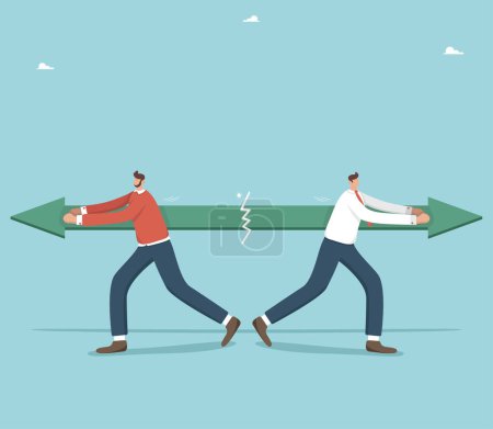 Different vision of business development, team conflicts and disagreements in the process of work, methods and ways to achieve goals, businessmen pull the arrow in different directions and break it.