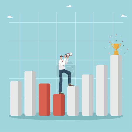 Illustration for Analysis and planning of investment or innovation activities, forecasting changes in business and the market, fluctuations in economic data, man stands on a graph column and looks through binoculars. - Royalty Free Image