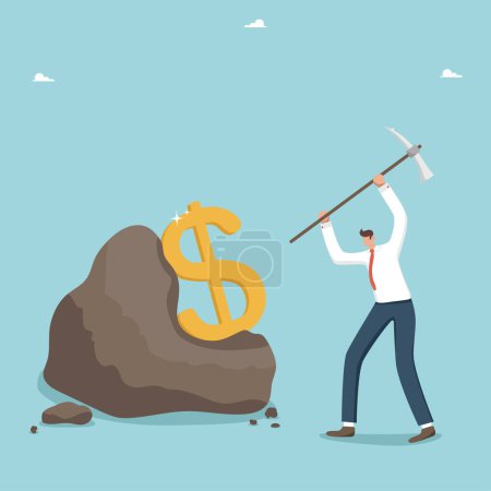 Illustration for Ways to achieve wealth, financial growth, capital gains, increase in wages through hard work, increase in income from investment or innovation, man extracts a dollar from a cobblestone with a pickaxe. - Royalty Free Image