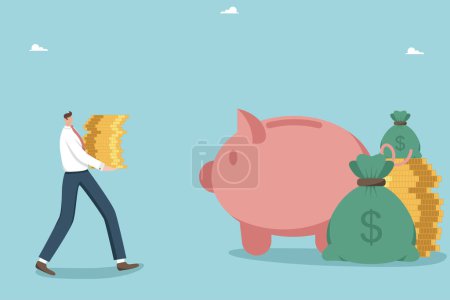 Illustration for Financial obligations, monthly payment of the interest rate on a loan or mortgage, the concept of borrowing money, making a profit from investments, a man carries a stack of coins to a piggy bank. - Royalty Free Image