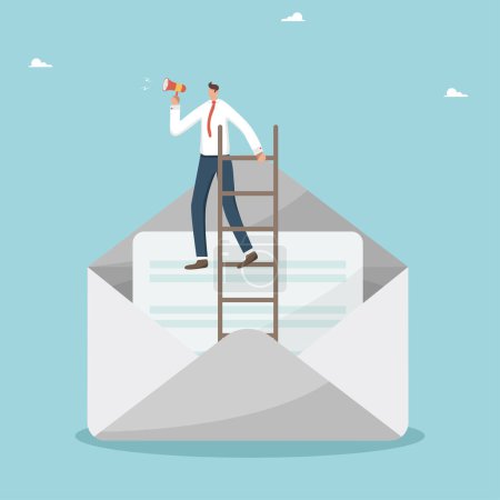 Illustration for Newsletter, communication with the consumer or advertising by means of e-mail, discounts and promotional codes through subscription or targeting, man on the stairs in an envelope with a loudspeaker. - Royalty Free Image