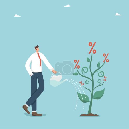 Illustration for An increase in the interest rate on a deposit, an increase in profit from an investment deposit or from securities, success in a business or a start-up, a man watering a tree with increasing interest. - Royalty Free Image