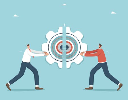 Illustration for Teamwork to achieve the best result, achieve success through hard work, creative thinking and intuition to solve complex problems, support and mutual assistance, two businessmen put puzzles on gears. - Royalty Free Image
