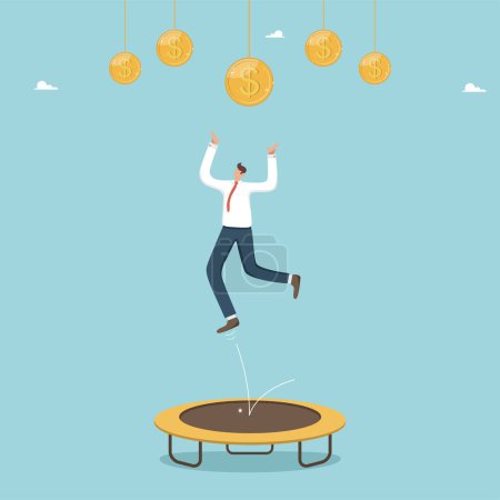 Illustration for In pursuit of money, earnings and profit, income from successful investments and stocks, stock market growth, business financial success and growing wealth, man on a trampoline jumps for dollar coins. - Royalty Free Image