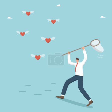 Illustration for Love and passion for work, find a dream job, look for inspiration and motivation to achieve goals, collect likes on social networks from subscribers and followers, man catches like hearts with a net. - Royalty Free Image