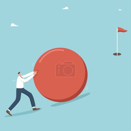 Illustration for Hard work to achieve a high result, achieve a goal, find a strategy or method to complete a complex and important task, progress and business development, a man rolls a golf ball into the hole. - Royalty Free Image