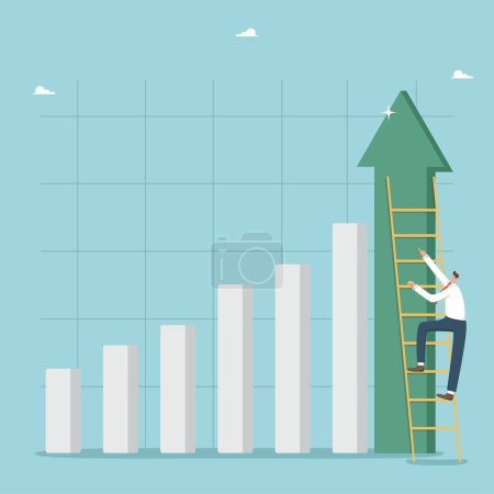 Illustration for Financial and economic growth, growth in sales and profits due to increased consumer demand, the rapid pace development of business and production, a man climbs the ladder to the top of the graph. - Royalty Free Image