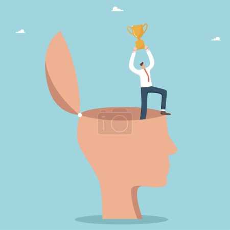 Illustration for Getting a prize for the work done, a brilliant development strategy for winning in business, intelligence and intuition contribute to achieving goals, a person with a winner's cup in a big human head. - Royalty Free Image