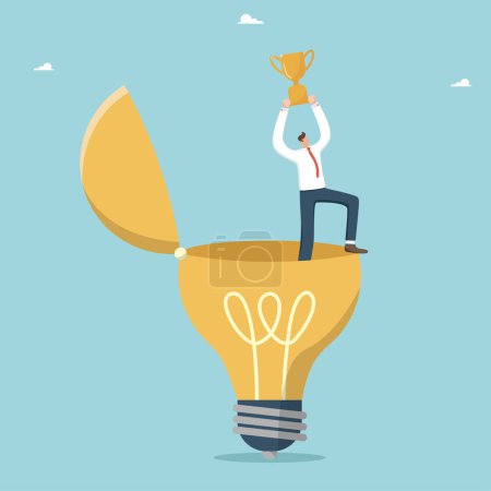 Illustration for Award for brilliant ideas or solutions for business development, success of innovations and their payback, creative approach to solving complex problems, man with a winner's cup in an open light bulb. - Royalty Free Image