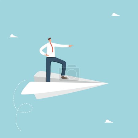 Illustration for Move on the right business strategy, look at future career success, return on investment or innovation, direction to achieve goals and objectives, business leader shows direction on paper plane. - Royalty Free Image