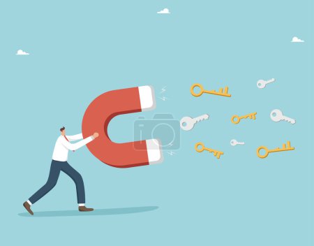Illustration for Secret key or method of defeating a competitor, finding a strategy for the development or growth of a business, career opportunities, man with a magnet attracts the golden and silver keys of success. - Royalty Free Image