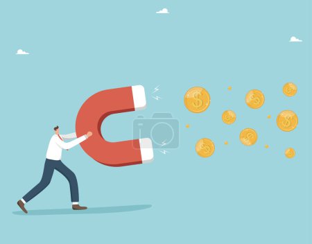 Illustration for Ways or methods to increase income, hard work for enrichment, investment or innovation profit, receiving dividends from deposits or shares of companies, businessman with a magnet attracts dollar coins - Royalty Free Image