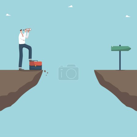 Illustration for Planning the future development of the business, think over a strategy or plan to achieve the goals, overcoming difficulties and solving business problems, a man looks through binoculars on a cliff. - Royalty Free Image