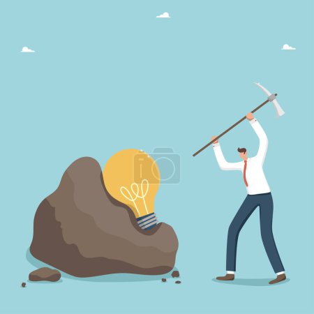 Illustration for Search for new ideas for successful business, creativity and innovation to solve complex problems, strategy or method for achieving goals, man removes a light bulb from a cobblestone with a pickaxe. - Royalty Free Image