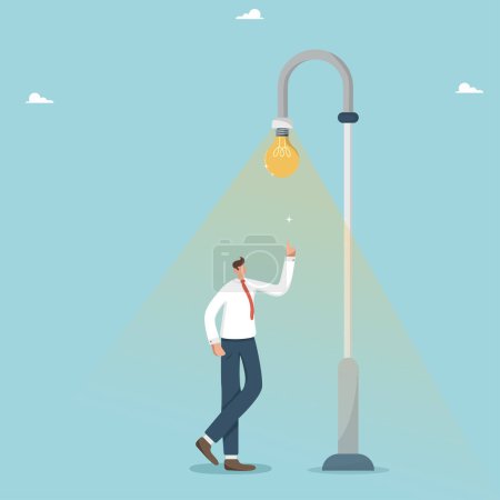 Illustration for Show creativity and use intellect and wisdom to solve business problems, the thought process and imagination, gaining new knowledge, a brilliant idea to achieve goals, man thinks under a street lamp. - Royalty Free Image