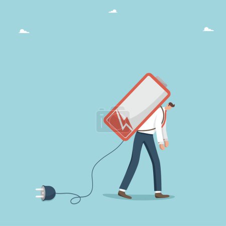 Illustration for Lack of strength or energy for productive work, emotional burnout or fatigue, loss of inspiration or lack of ideas for business development, man drags a dead battery disconnected from the power source - Royalty Free Image