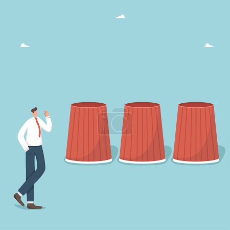 Illustration for Make the right decision, follow the right direction or strategy to succeed, develop a plan to get a reward or bonus, thought process and intuition, a man is playing a game of cups to find the prize. - Royalty Free Image