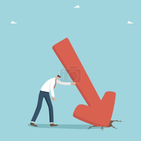 Illustration for Financial difficulties, decrease in the value of business or company shares, stock market crash, economic crisis, business failure and loss of cash, lose investments, a man stands near a fallen arrow. - Royalty Free Image