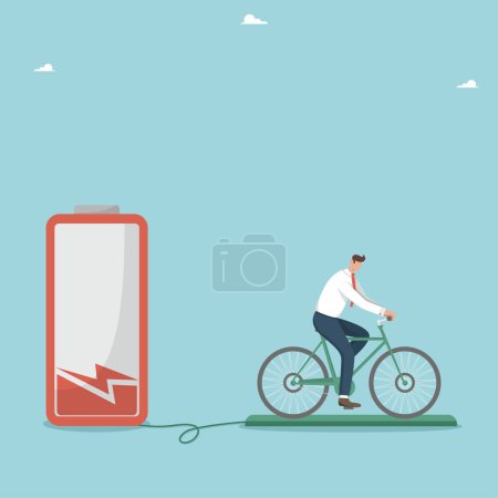 Illustration for Renewable energy, green electricity, exercise bike generates electricity, healthy lifestyle, hard work to replenish energy and build strength for the future, a person on a bicycle charges the battery. - Royalty Free Image
