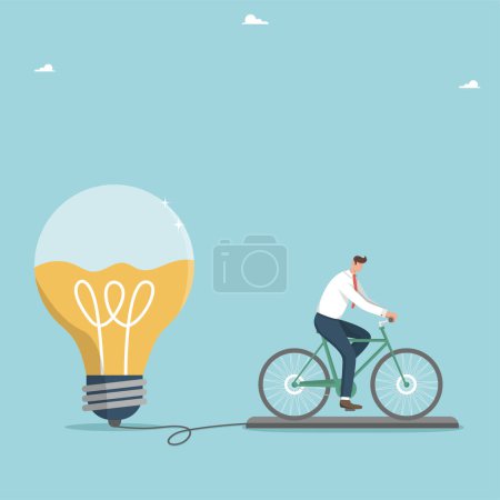 Téléchargez les illustrations : Approche créative et intelligence pour résoudre des problèmes d'affaires, idées ingénieuses pour résoudre des problèmes complexes, méthodes ou moyens d'atteindre des objectifs, l'homme à vélo remplit d'énergie une ampoule d'idées. - en licence libre de droit