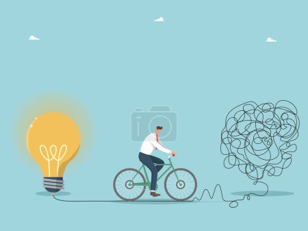Illustration for Creative thought process and thinking, the ability to solve problems and find ways out of difficult situations, intelligence and wisdom, man on a bicycle turns confused thoughts into innovative ideas. - Royalty Free Image
