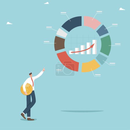 Illustration for Profit share in business, marketing research or market distribution analysis, investment and financial growth, percentage or percentage of ownership of company assets, man with a coin near a pie chart - Royalty Free Image
