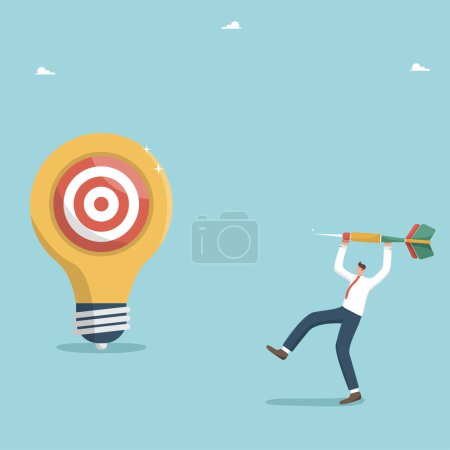 Illustration for A successful idea and achieving high results in business or career, accuracy in setting goals, searching for opportunities, innovation on the way to success, man throws a dart at target on light bulb. - Royalty Free Image