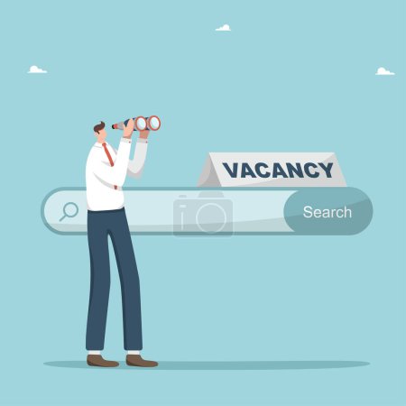 Illustration for Search for new job or employment, career path or promotion, ladder of success, new career vacancy, search for new opportunities and place of work, man looks through binoculars next to the search bar. - Royalty Free Image