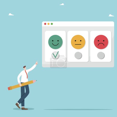 Illustration for User experience, positive feedback about product quality and service, high rating from customers, evaluation rank, positive emotion or good mood selection, a man with a pencil gives the best rating. - Royalty Free Image