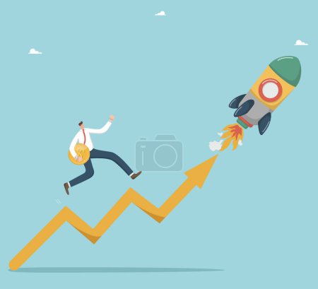 Illustration for Financial and economic growth, increase in investment profits and stock market, success in a new growing business, increase in wages, man with dollar coin runs along the arrow that the rocket raises. - Royalty Free Image
