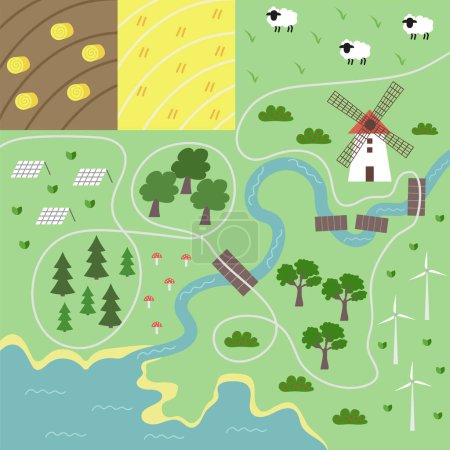Illustration for Vector nature or camping map with sheep, mill, windmills, solar panels, trees, bushes, mushrooms, fields, river. Hiking plan in a very simple flat style showing animals, plants and local buildings. - Royalty Free Image