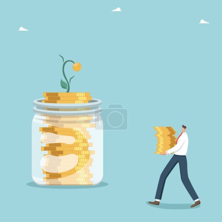 Illustration for Investment portfolio, own money management, capital investments or deposit boxes, financial growth, increase in income and profitability of stocks and investments, man carries money to a jar of coins. - Royalty Free Image
