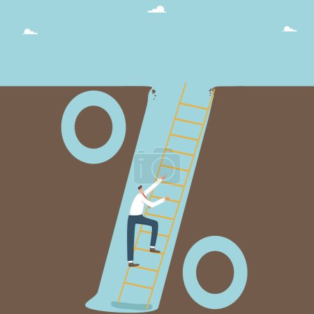 Illustration for Paying off loans, paying interest on a bank debt or mortgage, borrowing money, debt obligations, financial difficulties, investment risks, credit rating, a man is climbing a ladder out of a debt hole. - Royalty Free Image