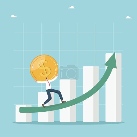 Illustration for Financial and economic growth, increase in investment portfolio and savings, growth in income and wages, profitability of investments and stocks, man carries coin along the growing arrow of the graph. - Royalty Free Image
