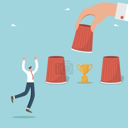 Illustration for Concept of victory, intelligence and intuition to achieve success and set goals, win the right business strategy, move up the career ladder, get a bonus, man guessed where the winner's cup is hidden. - Royalty Free Image