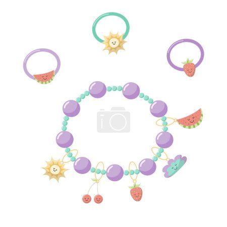 Illustration for Collection of vector jewelry and children's ornaments. Bracelet made of handmade plastic beads with pendants in the summer style of the sun, cherry, arbus, strawberry, cloud. Fashion colorful rings. - Royalty Free Image