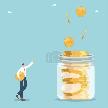 Illustration for Increase in savings and profit from investments, growth of interest on a bank deposit, high level of income and wages, economic stability, man with a coin points to a jar into which coins are pouring. - Royalty Free Image