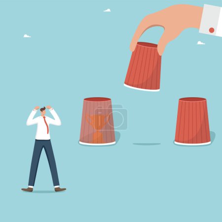Illustration for Defeat or failure in choosing a strategy or business development plan, losing to a competitor, difficulties in solving problems, loss of investment or money, a shocked man did not find a winner's cup. - Royalty Free Image
