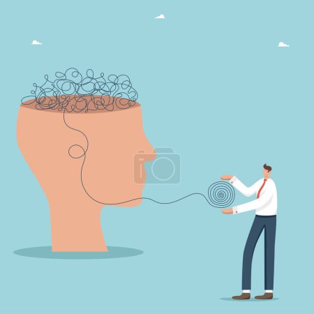 Help in solving problems, intelligence and thought process to find a way out of difficult situation, teamwork to create new creative and innovative ideas, man unravels tangled thoughts in a big head.