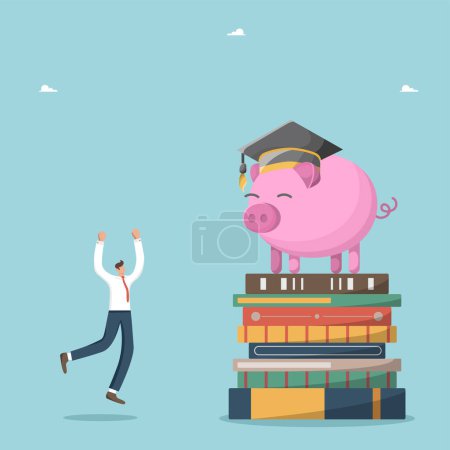 Illustration for Financial education, budget planning for college or university, investing in training and knowledge, personal finance management and financial literacy, happy man near stack of books and piggy bank. - Royalty Free Image