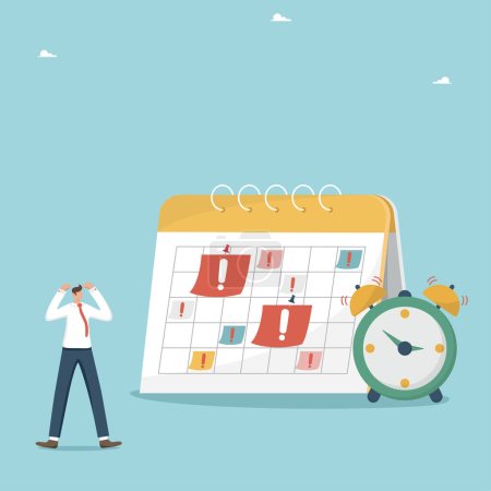 Illustration for Deadline or limited deadlines for project completion, calendar schedule, planning work, time management, business schedule of meetings and events, shocked man near the calendar with many urgent tasks. - Royalty Free Image
