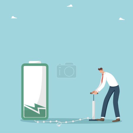 Illustration for Recuperation and replenishment of energy for productive work, renewable energy, creativity and logic to build strength for the future to solve work issues, a man charges a battery with a pump. - Royalty Free Image