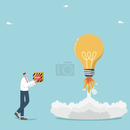 Illustration for Launching startup or new business project or product, implementing creative ideas and introducing innovations, strategic planning, businessman presses the start button and launches a lightbulb-rocket. - Royalty Free Image
